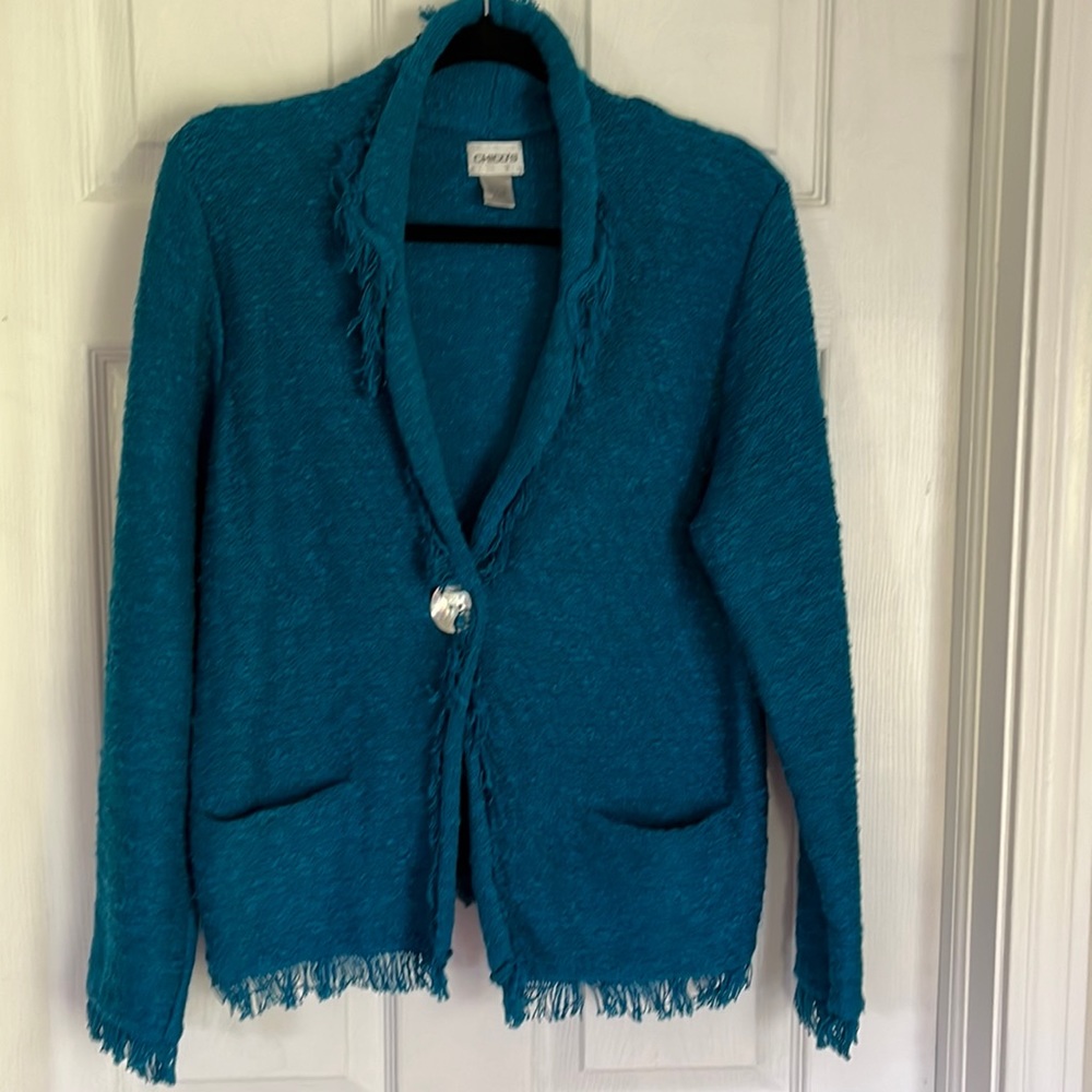 Chicos aqua blazer/sweater. Two pockets